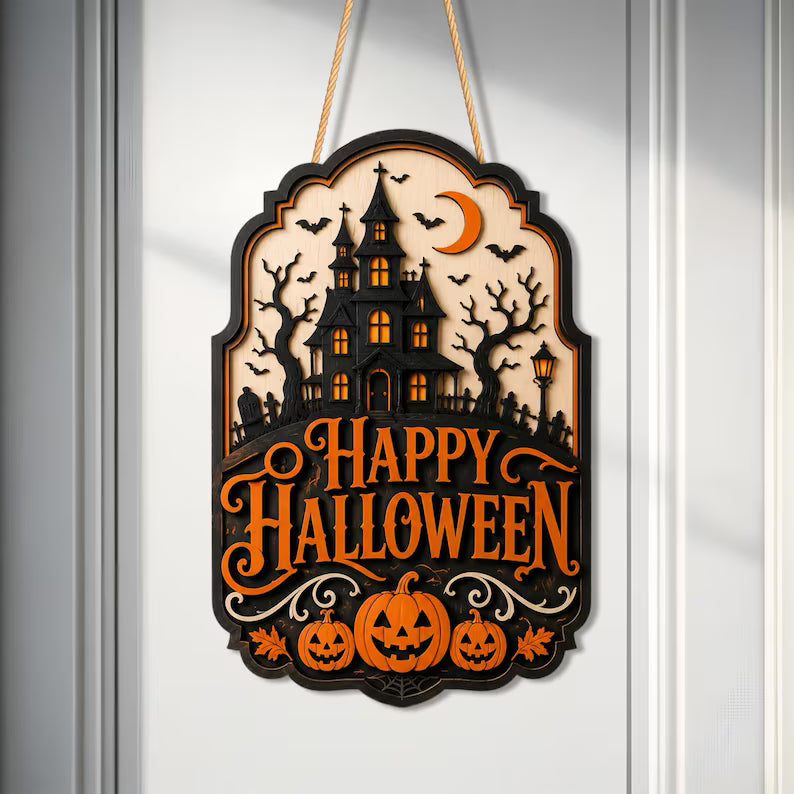 Halloween Door Sign, Haunted House Wood Hanger, Spooky Pumpkin Decor, Happy Halloween Wall Decor. HLWDHPETAL05