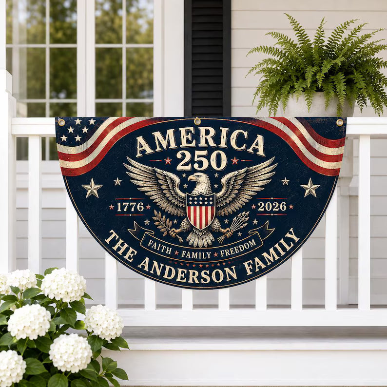 Custom 250th Anniversary Fan Flag, Personalized Family Name Patriotic Bunting, 1776-2026 USA Porch Decoration, Outdoor Patriotic Decor BPETAL09