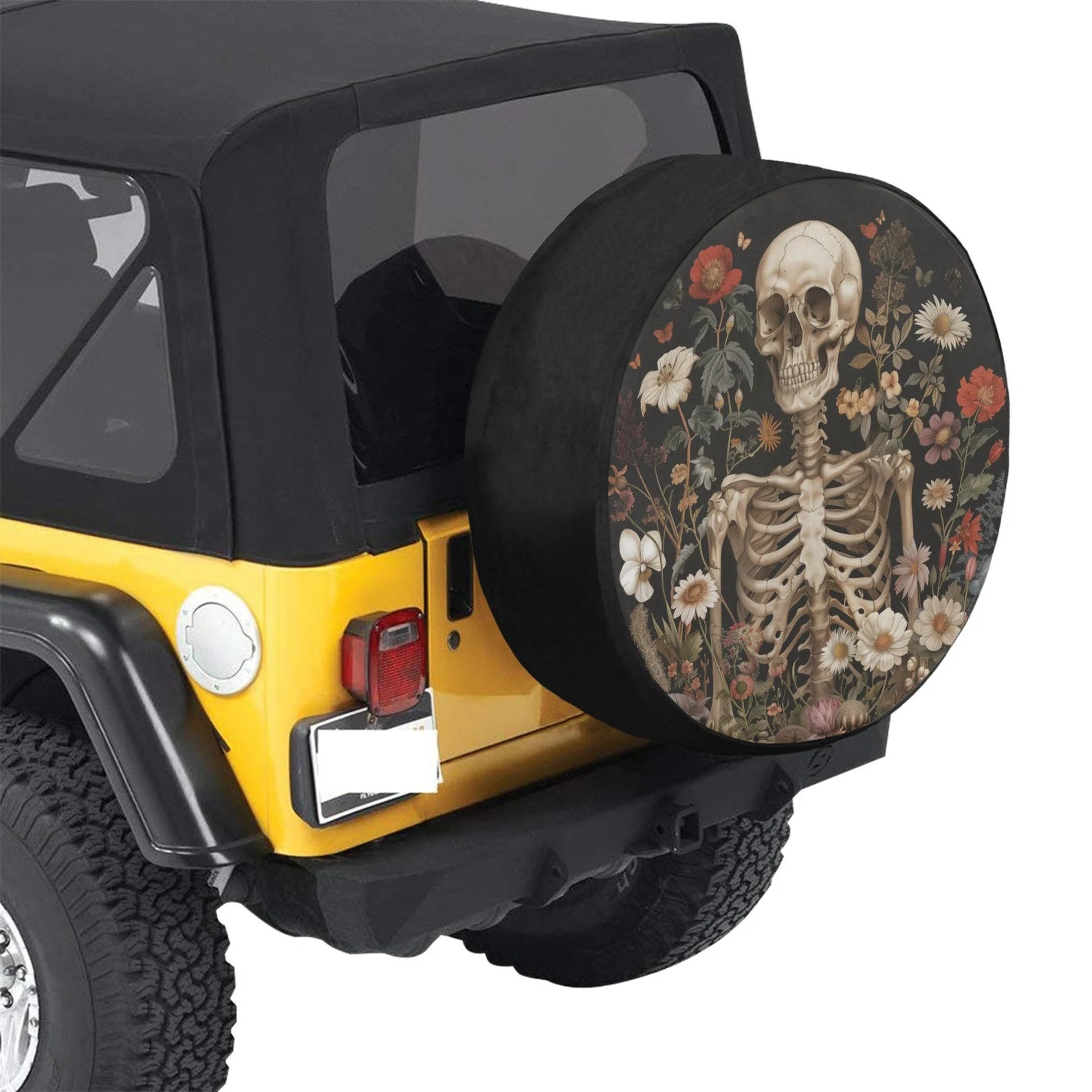 Floral Skeleton Spare Tire Cover, Retro Flowers Skull Cottagecore Backup Camera Hole Rear Wheel Trailer Camper RV Back Men Women Protector. TCPETAL7