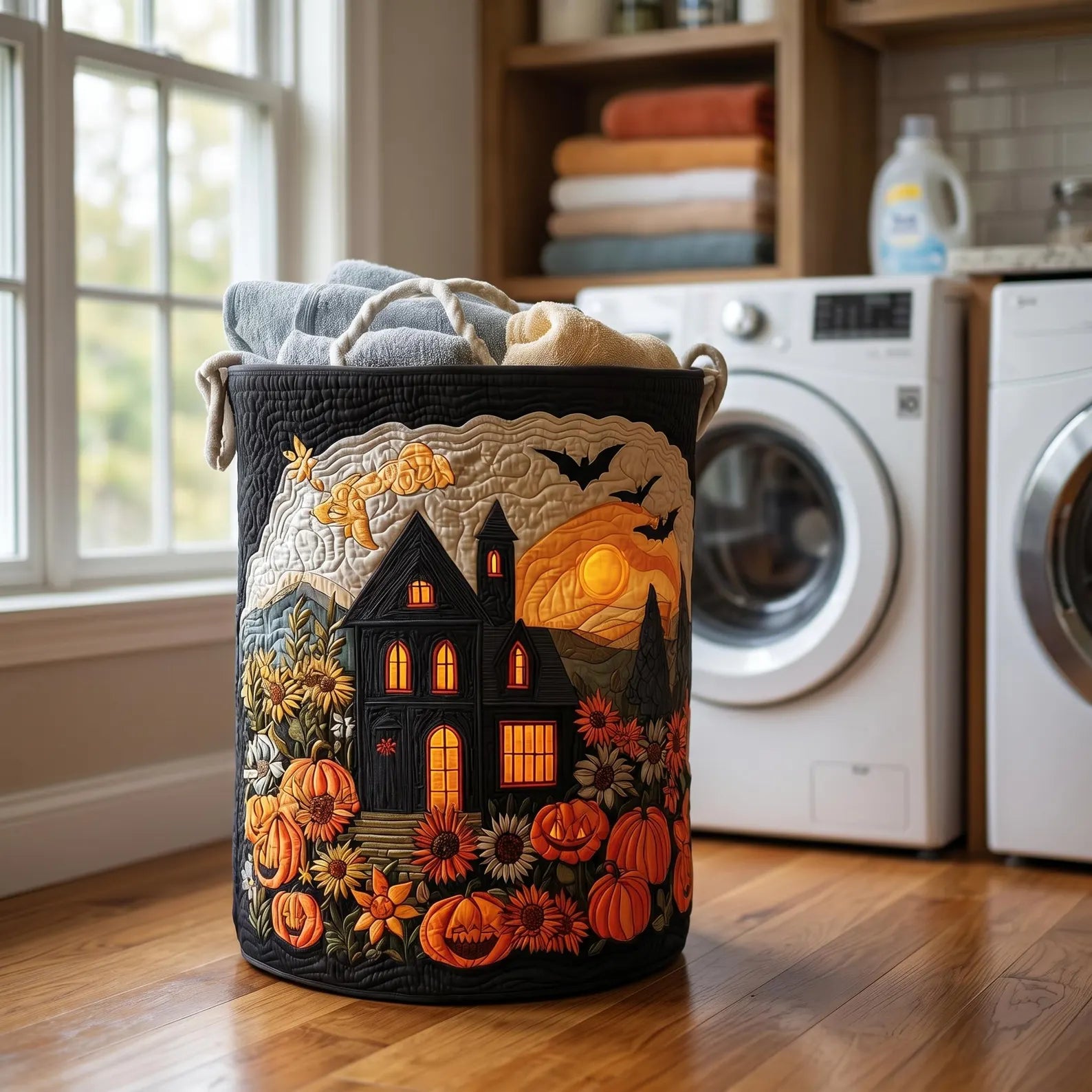 Halloween Night Laundry Basket, Spooky Fall Home Decor, Laundry Room Organizer, Halloween Gift, Housewarming Gift, Mother's Day Gift. HLWLBPETAL2