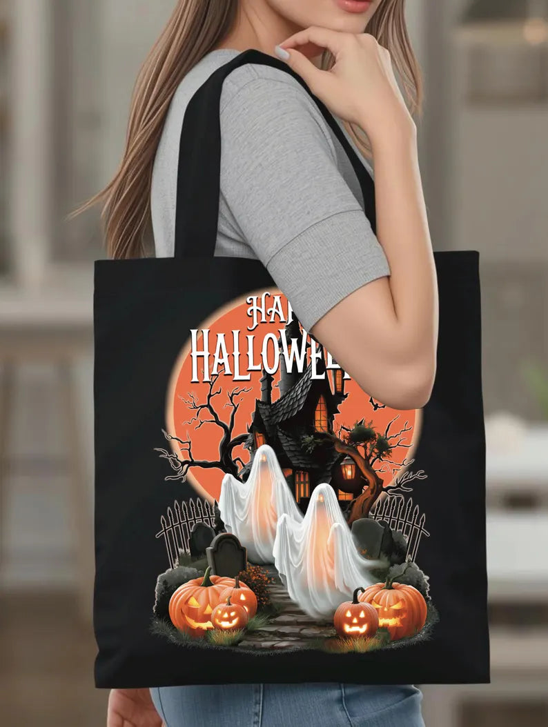 Happy Halloween Tote Bag, Haunted House Ghost Canvas Bag, Pumpkin Trick or Treat Bag, Spooky Season Halloween Gift Tote. HLWTBPETAL8