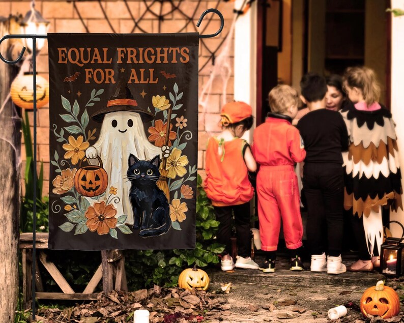 Outdoor Halloween Decor, Halloween Flag Made In Usa, Halloween Decor, Cute Ghost, Cat, Pumpkin Decor, Housewarming Gift, Anniversary Gifts. HLWGFPETAL4