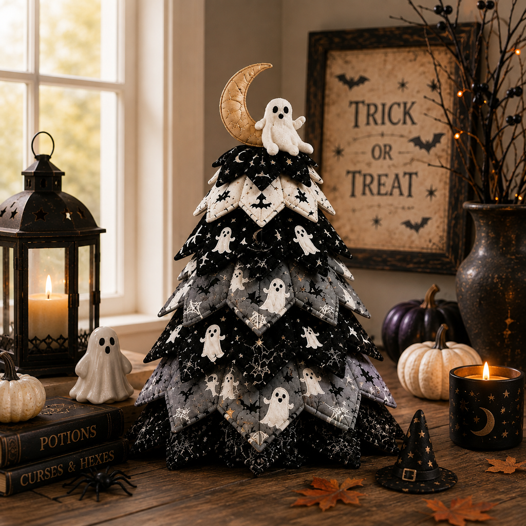 Halloween Ghost Quilted Fabric Tree Tabletop Decoration, Handmade Spooky Moon & Bat Fall Home Decor QCTPETAL03