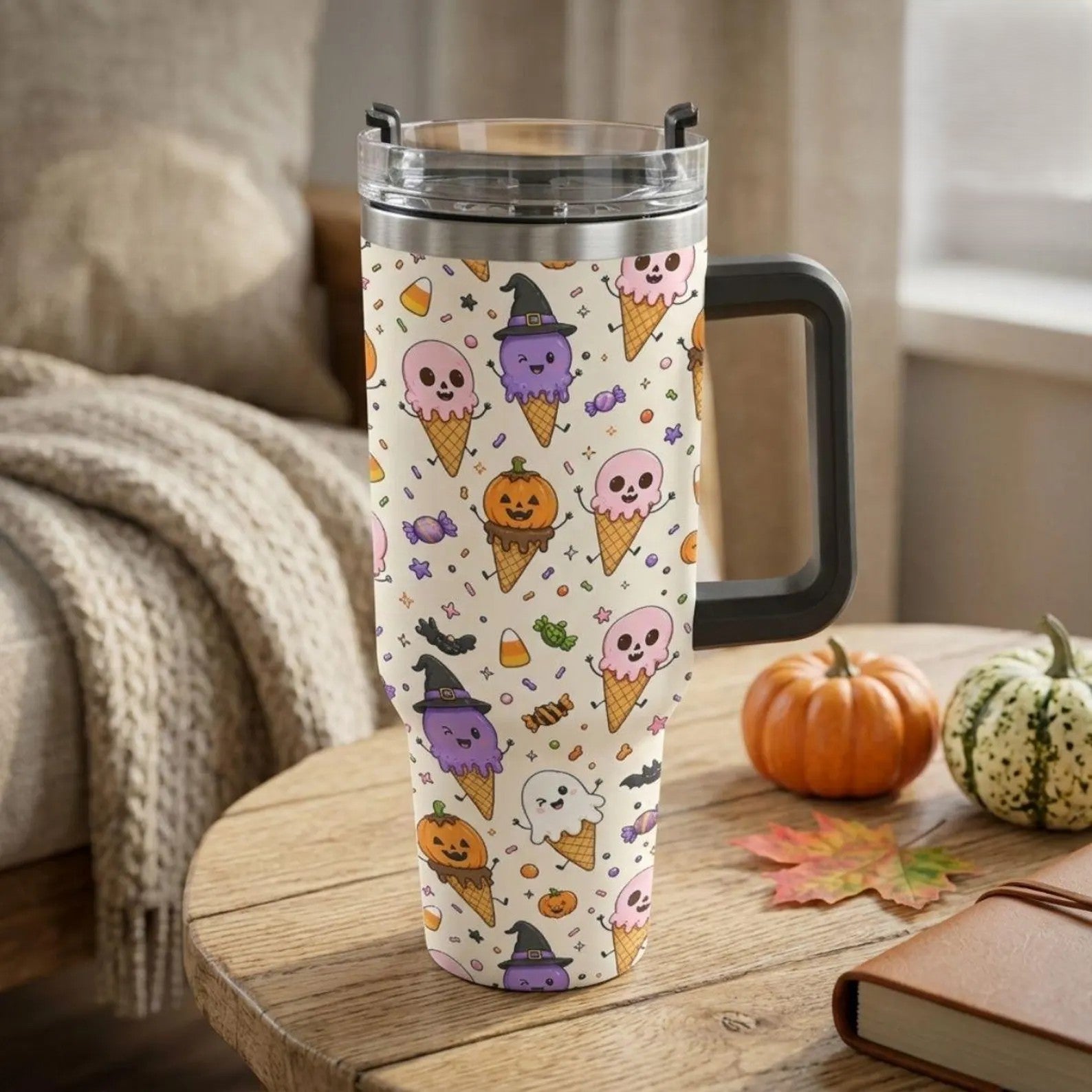 40oz Summerween Tumbler, Ghost Ice Cream Tumbler, Funny Halloween Summer Cup, Cute Spooky Season Drinkware, Vintage Summerween Gift. TBLPETAL4