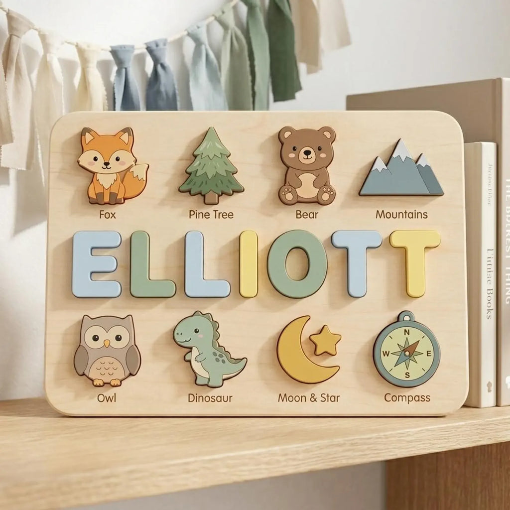 Personalized Name Puzzle, Custom Wooden Name Puzzle, Montessori Baby Gift, Woodland Nursery Decor, Toddler Learning Toy, First Birthday Gift. NPPETAL12