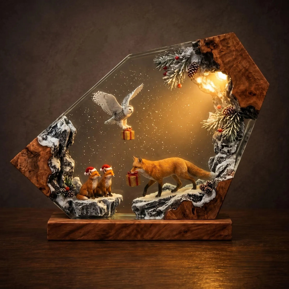 Snowy Owl and Fox Resin Lamp, Winter Wildlife Diorama Night Light, Rustic Burl Wood Lamp, Cozy Bedroom Accent Light, Nature Lover Gift. RLPETAL13