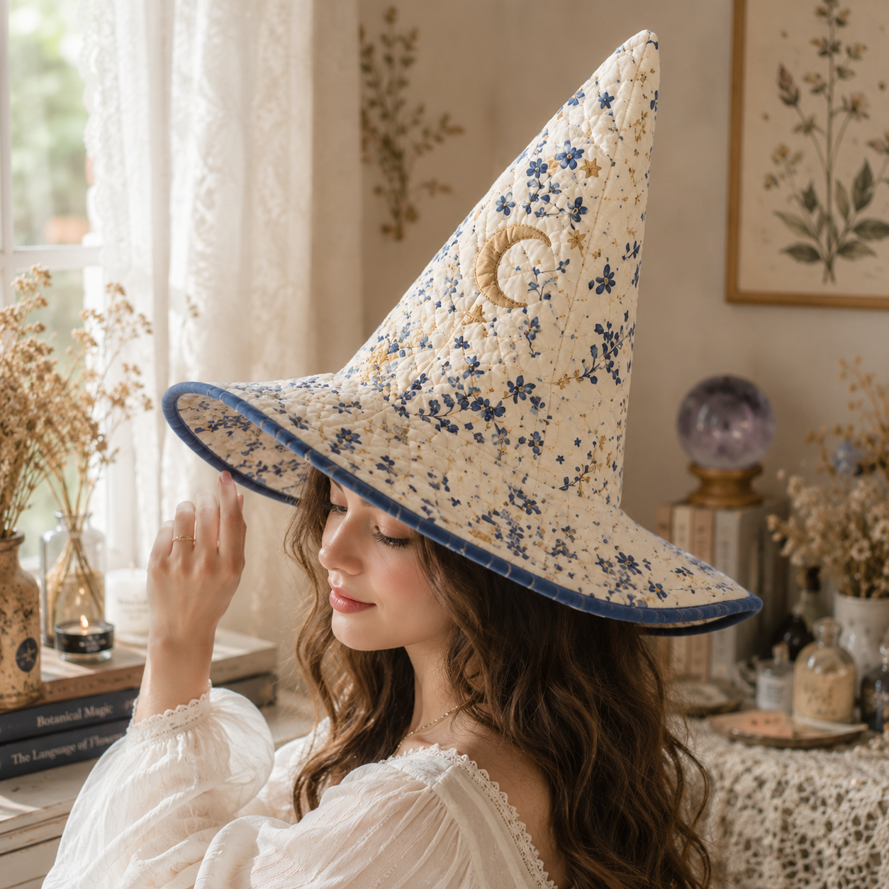 Personalized Quilted Witch Hat – Custom Name Floral Moon Witch Hat for Halloween, Cottagecore & Magical Costume Style. QWHPETAL9