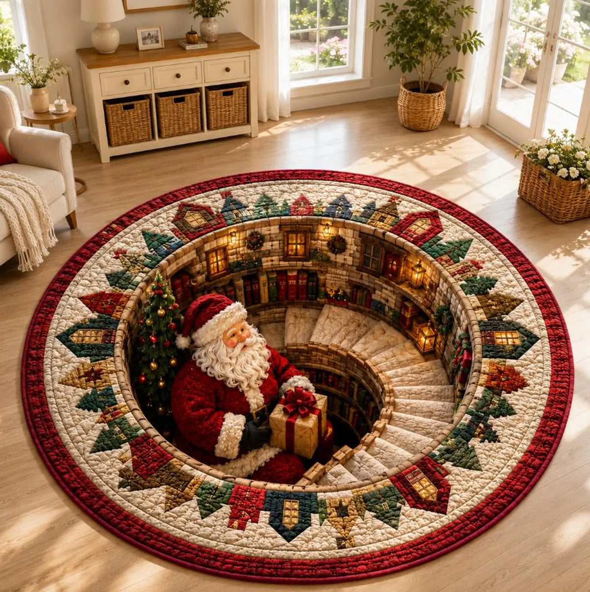Santa Christmas Round Rug, Quilted Holiday Floor Decor, Christmas Village Area Rug, Winter Home Decor, Santa Claus Rug, Festive Room Accent. QRPETAL38