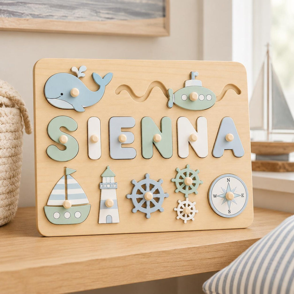 Personalized Nautical Name Puzzle, Custom Wooden Ocean Name Puzzle for Toddlers, Montessori Sea Adventure Puzzle, Kids Nursery Gift. NPPETAL18