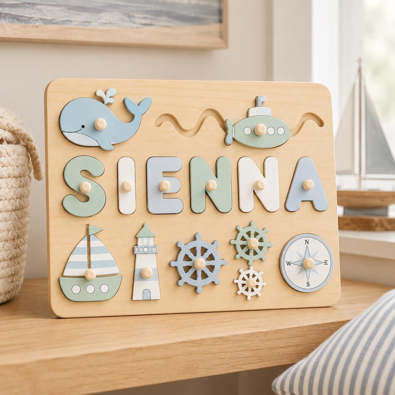 Personalized Nautical Name Puzzle, Custom Wooden Ocean Name Puzzle for Toddlers, Montessori Sea Adventure Puzzle, Kids Nursery Gift. NPPETAL18