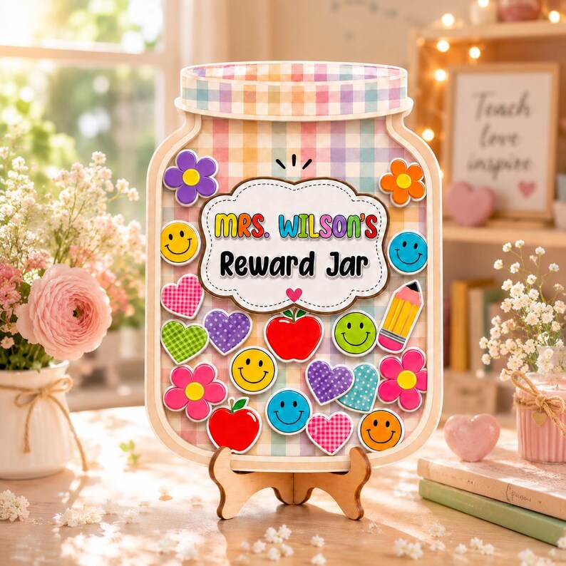 Custom Teacher Reward Jar Personalized Classroom Management Tool Cute Wooden Star Jar. RJPETAL10