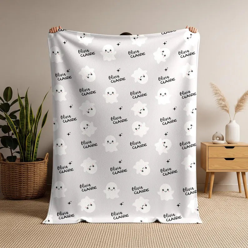 Personalized Ghost Baby Blanket | Custom Baby Name Halloween Blanket | Cute Ghost Nursery Blanket | Baby's First Halloween Gift for Newborn. BLKPETAL8