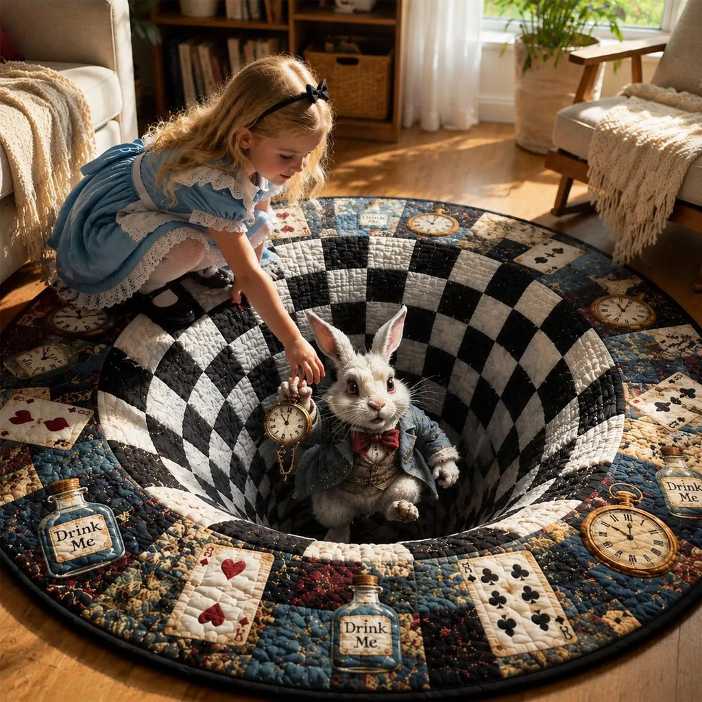 Alice White Rabbit 3D Quilted Rug, New Baby Gift, Halloween Party Decor, Wonderland Rabbit Hole, Round Floor Mat, Checkerboard. QRPETAL09