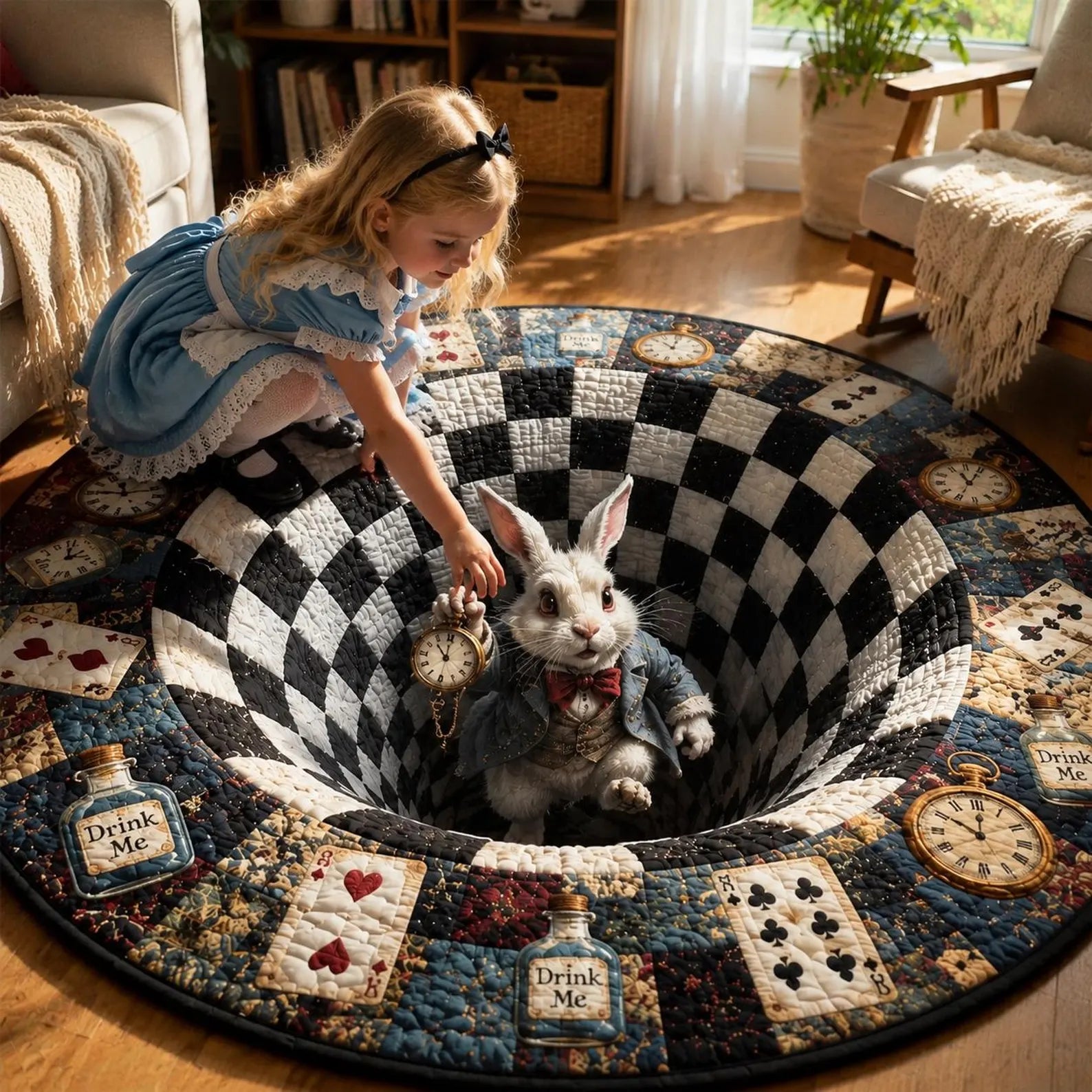Alice White Rabbit 3D Quilted Rug, New Baby Gift, Halloween Party Decor, Wonderland Rabbit Hole, Round Floor Mat, Checkerboard. QRPETAL09
