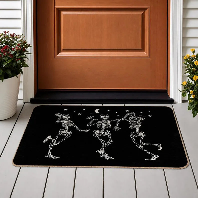 Dancing Skeletons Doormat Halloween Gothic Door Mat Black Spooky Home Decor Skull Welcome Rug. DMPETAL16