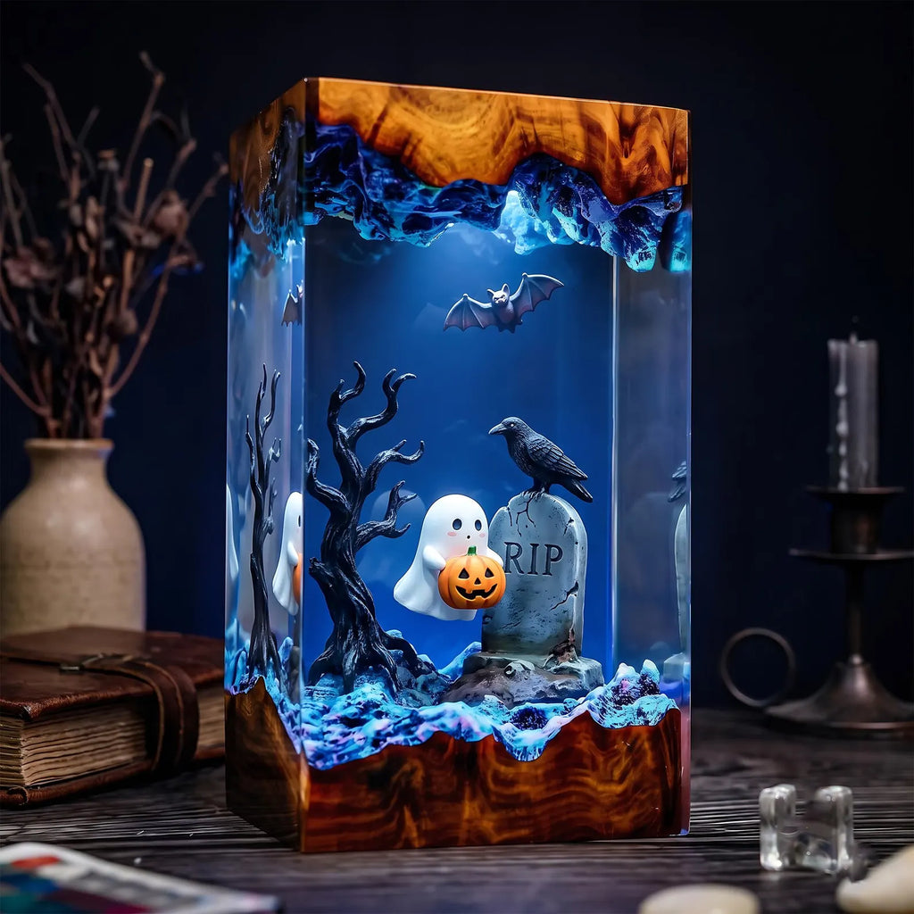 Haunted Raven Resin Lamp, Ghostly Cemetery Night Light, Jack O Lantern Decor, Flying Bats, Handmade Epoxy Halloween Gift. RLPETAL16