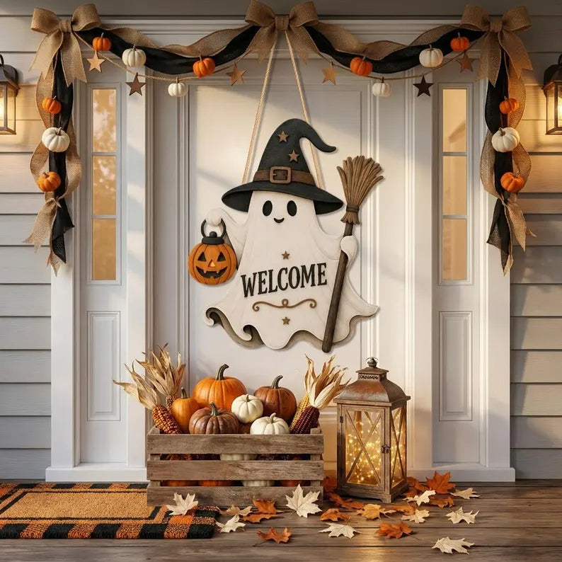 Ghost Welcome Door Hanger, Cute Halloween Ghost Sign, Witch Hat Decor, Wooden Halloween Door Sign. HLWDHPETAL02