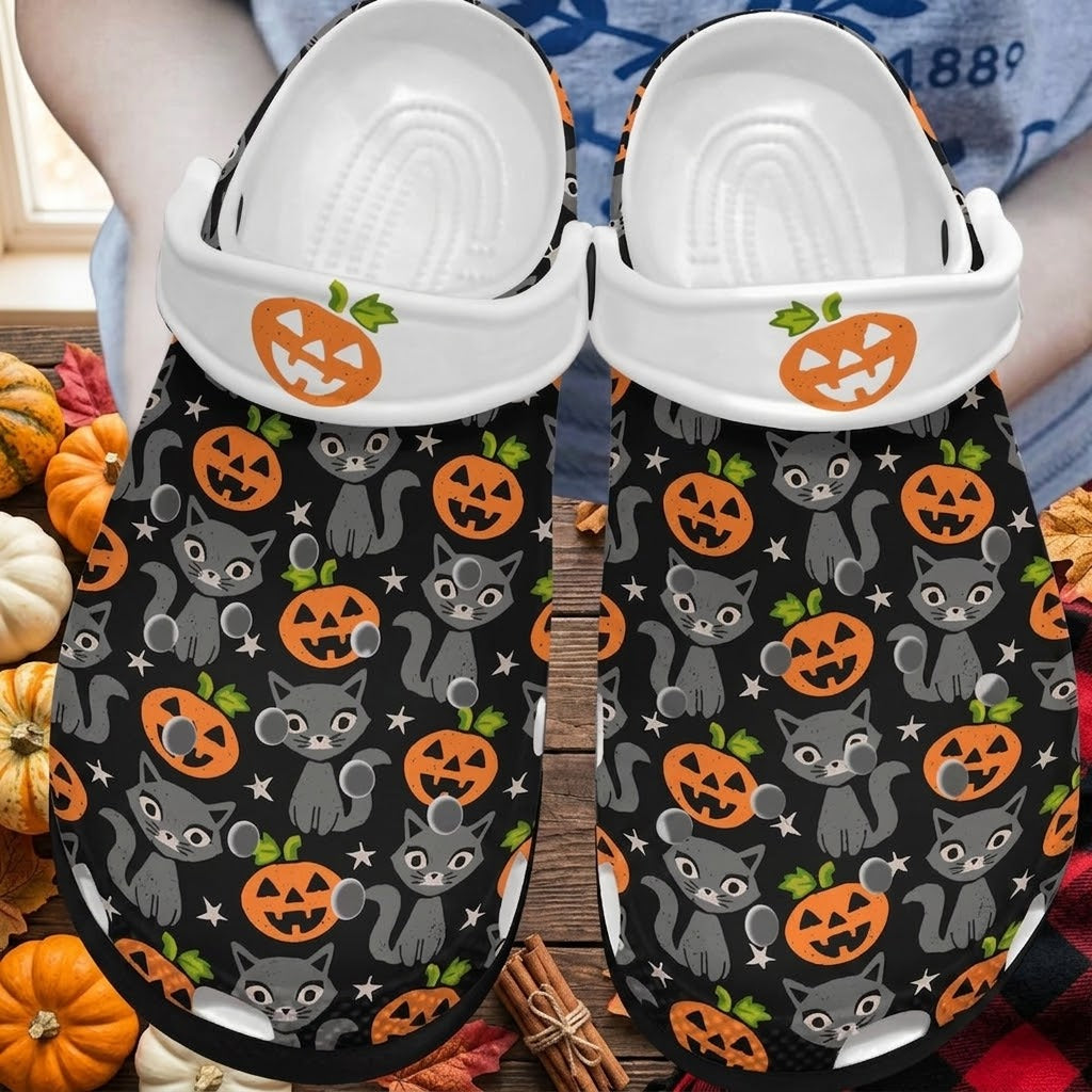 Personalized Halloween Black Cat Pumpkin Clogs – Custom Name Spooky Slip-On Shoes with Jack-O’-Lantern Pattern, Cute Fall Halloween Gift for Cat Lovers. CLPETAL20