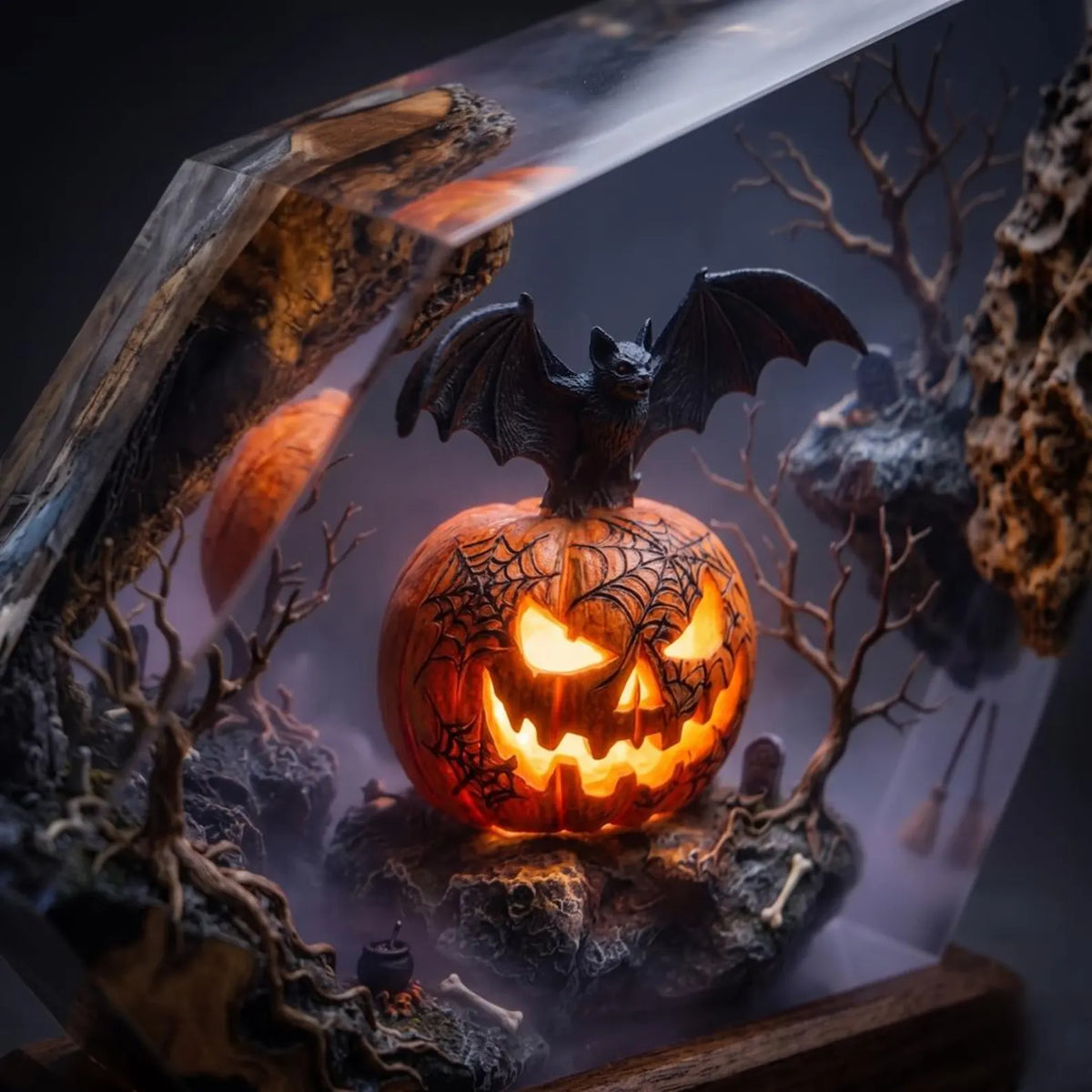 Jack O Lantern Epoxy Resin Lamp Spooky Bat Graveyard Diorama Wood Night Light. RLPETAL11