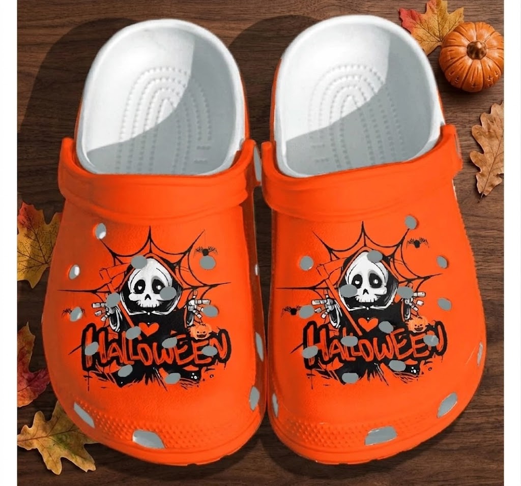Halloween Orange Skull Clogs – Spooky Spider Web Fall Shoes. Happy Halloween Ghost Pumpkin. CLPETAL05