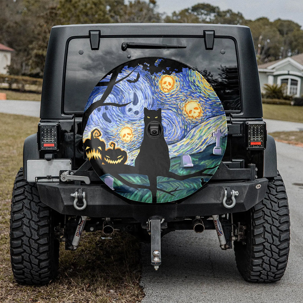 Halloween Black Cat Starry Night Spare Tire Cover, Spooky Cat Pumpkin Jeep Tire Cover, PVC Leather Tire Cover, Halloween Vehicle Accessory. TCPETAL20