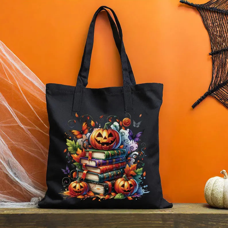 Halloween Book Lover Tote Bag, Spooky Pumpkin Books Canvas Tote, Fall Reading Bag, Bookish Gift, Autumn Aesthetic Library Tote. HLWTBPETAL9