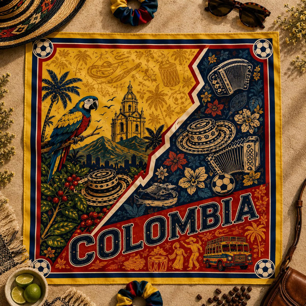 Colombia Flag Satin Hair Scarf, Colombian Pride Soccer Bandana, Vintage Tropical Gameday Square Headscarf, Latina Travel Souvenir Gift. SSPETAL17
