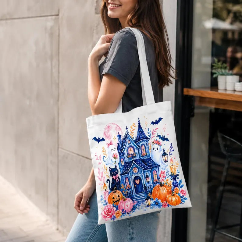 Halloween Tote Bag, Cute Haunted House Canvas Shopper, Ghost Cat Pumpkin Market Bag, Spooky Floral Gift For Her Mom Friend, Fall Decor. HLWTBPETAL11