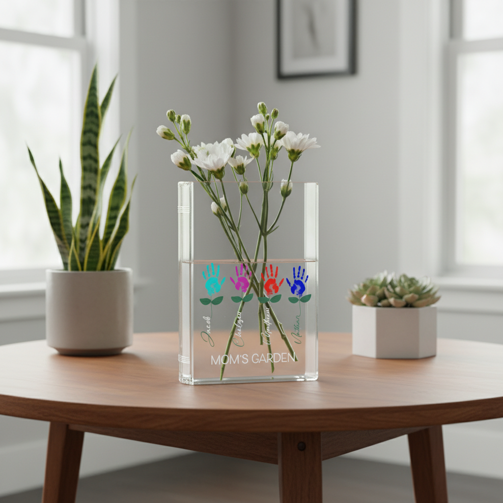 Personalized Mom’s Garden Birth Month Flower Book Vase – Custom Gift for Mom, Meaningful Mother’s Day Garden Decor Keepsake