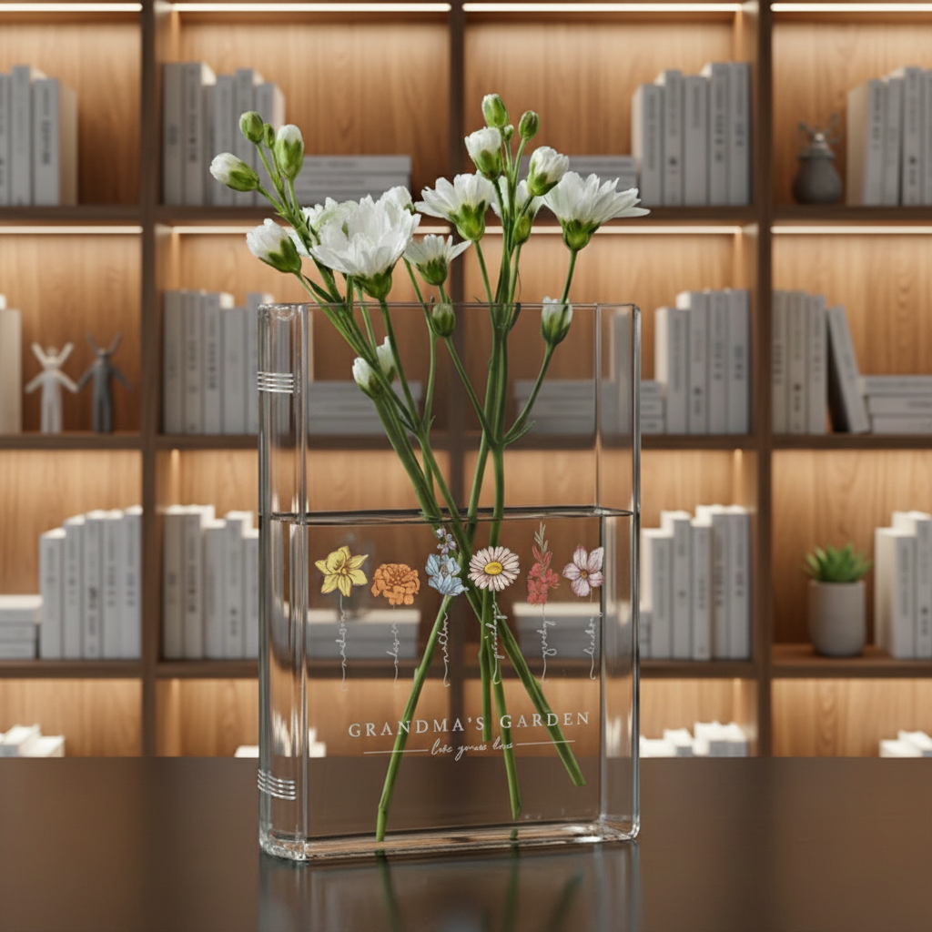 Grandma's Garden Birth Flower Book Vase – Personalized Gift from Grandchildren, Perfect Valentine's Day & Mother's Day Gift for Nana