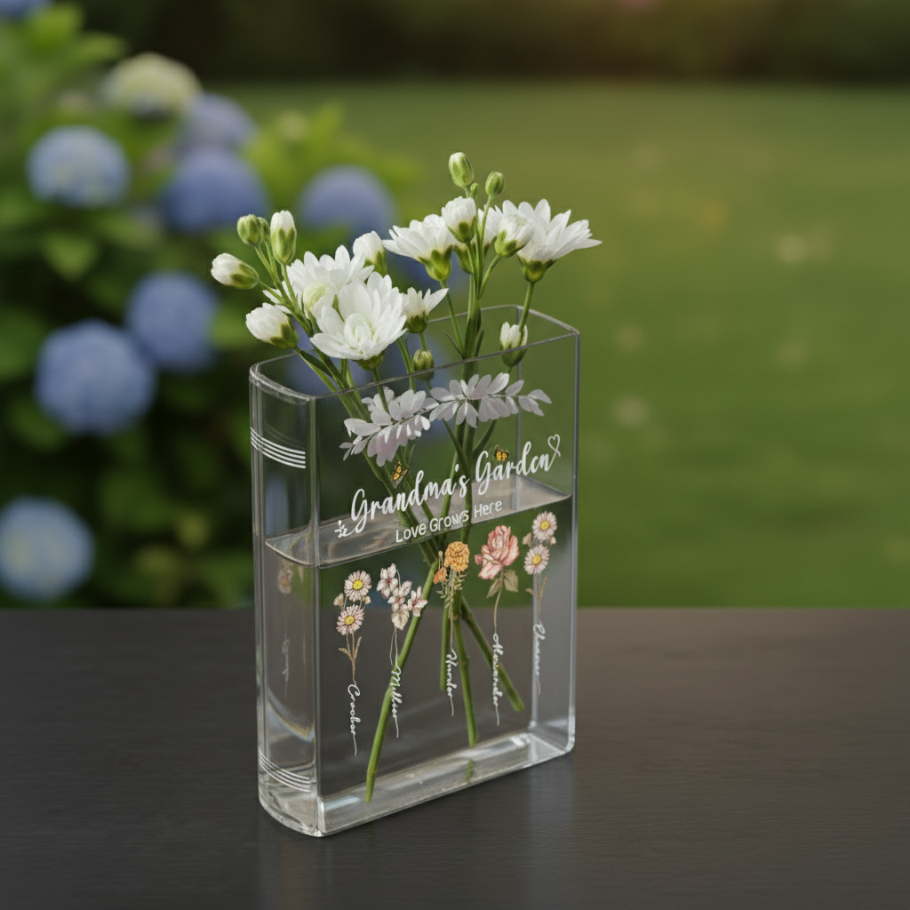 Personalized Acrylic Book Vase: Birth Month Flower Gift, Personalized Birth Flower Vase for Mom/Grandma, Custom Kids Name Clear Vase, Mother's Day Gift