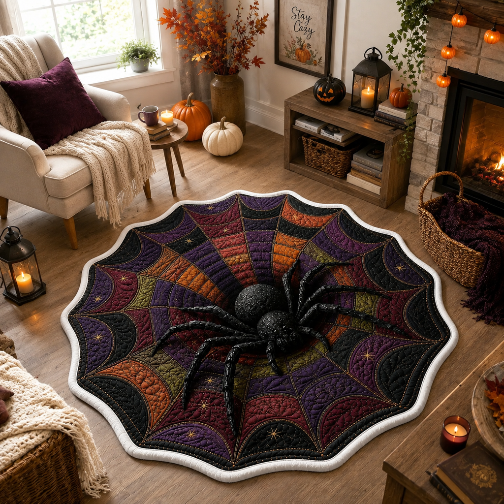 3D Spider Web Halloween Rug, Round Spider Illusion Floor Mat, Gothic Haunted Decor. QRPETAL13