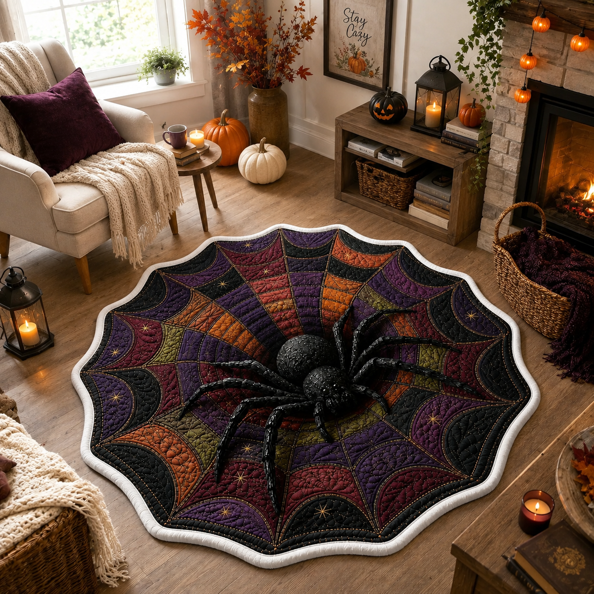3D Spider Web Halloween Rug, Round Spider Illusion Floor Mat, Gothic Haunted Decor. QRPETAL13