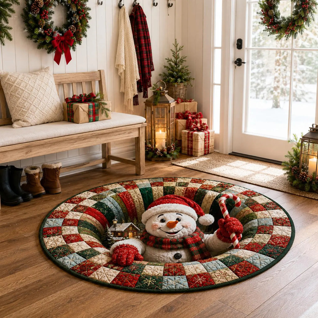 Christmas Snowman Round Rug, 3D Illusion Quilted Floor Mat, Candy Cane Holiday Rug, Cozy Winter Christmas Home Decor. QRPETAL26