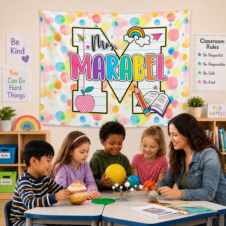 Personalized Welcome Back To School Teacher Tapestry, Classroom Wall Art Banner. CBPETAL04