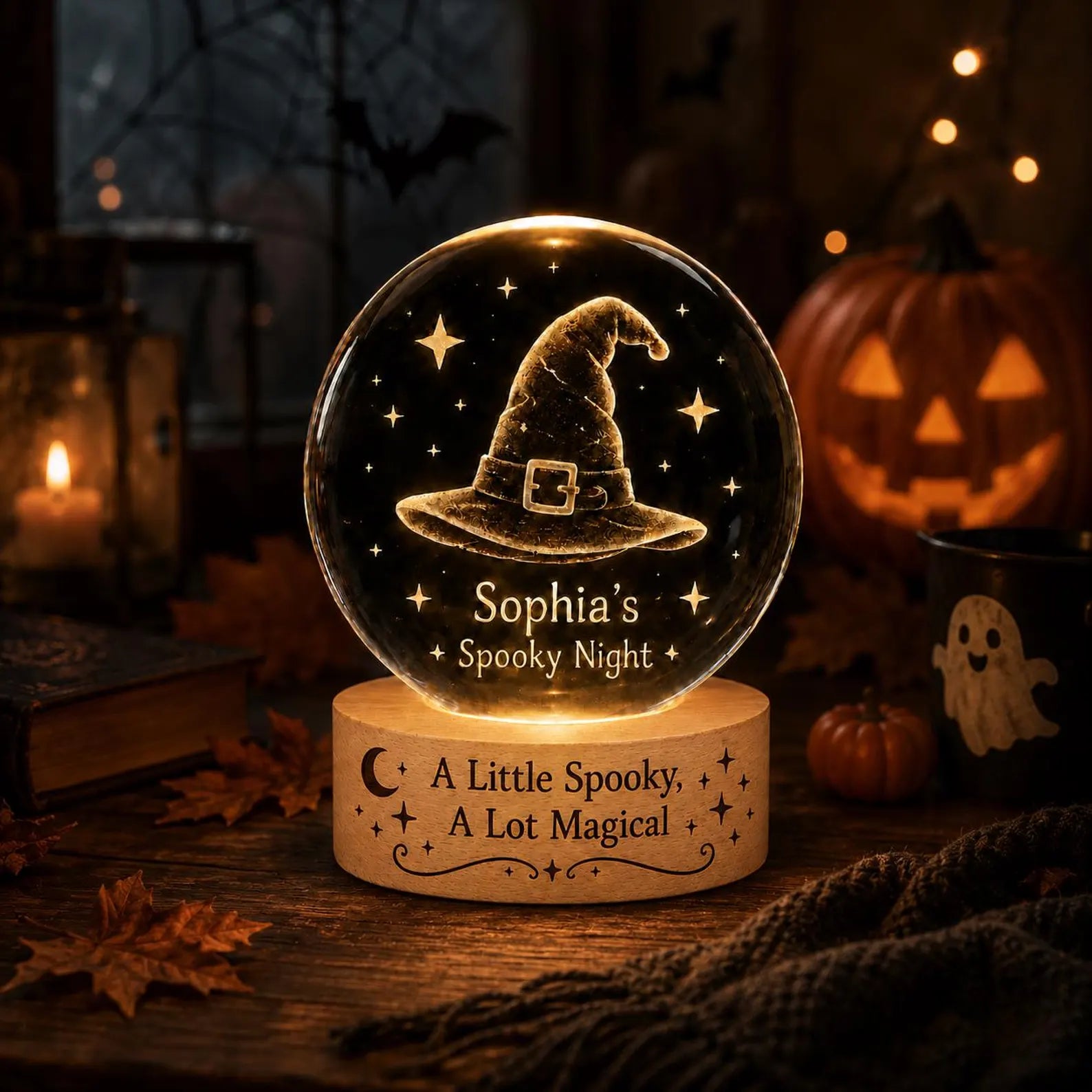 Personalized Witch Hat Crystal Ball Night Light, Halloween Decor, Custom Name Spooky Lamp, Magical Gift, Cozy Witchy Room Decor. LEDPETAL14