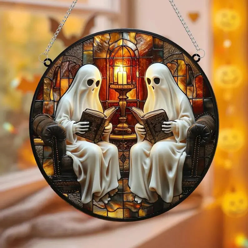Reading Ghost Couple Acrylic Suncatcher, Cozy Library Faux Stained Glass Halloween Window Decor, Bookish Ghost Gift for Readers. HSPETAL11