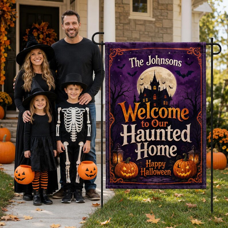 Personalized Halloween Garden Flag, Custom Family Name Yard Flag, Welcome to Our Haunted Home, Pumpkin Outdoor Porch Lawn Decor. HLWGFPETAL9