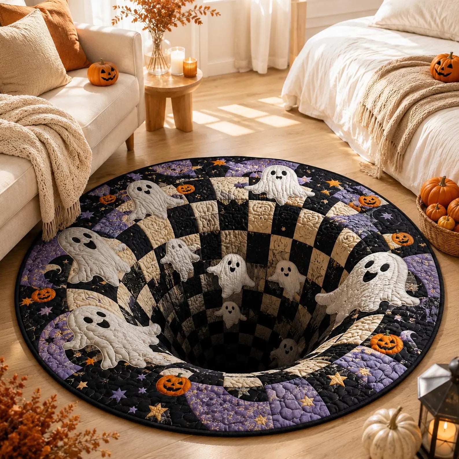 3D Illusion Skull Vortex Round Rug, Halloween Horror Skeleton Carpet, Non Slip Floor Mat, Living Room Bedroom Decor, Spooky Gift,3D Skeleton. QRPETAL19