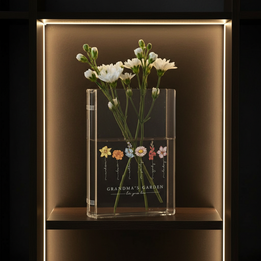 Grandma's Garden Birth Flower Book Vase – Personalized Gift from Grandchildren, Perfect Valentine's Day & Mother's Day Gift for Nana