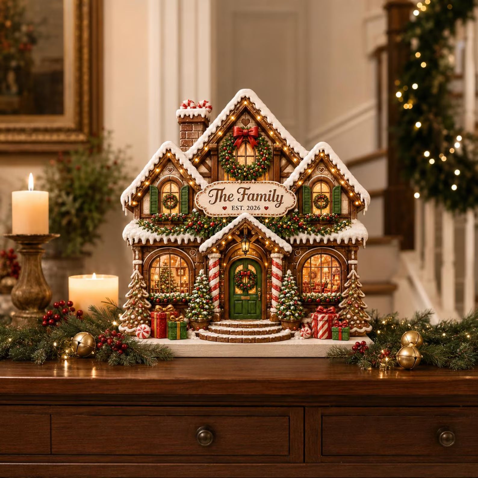 Personalized Christmas Gingerbread House Wooden Block, Custom Family Name Sign, Festive Mantel Decor, Holiday Housewarming Gift, Xmas Decor. WBPETAL13