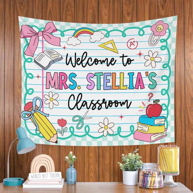 Personalized Teacher Tapestry, Custom Welcome Classroom Banner with Name, Back To School, First Day of School Gifts, Gift for Teacher. CBPETAL01