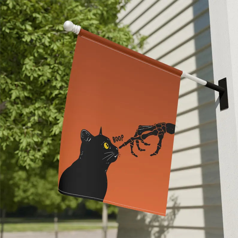 Black Cat Garden Flag Cute Halloween Porch Decor with Skeleton Hand Funny Boop Cat Gift Idea for Cat Lovers Outdoor Spooky Yard Banner. HLWGFPETAL16