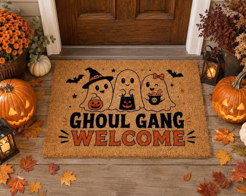 Ghoul Gang Welcome Doormat, Halloween Ghost Coir Mat, Cute Spooky Front Door Mat, Fall Porch Decor. DMPETAL1