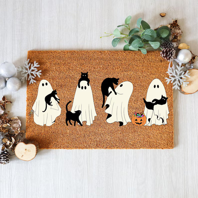 Ghost and Black Cat Doormat, Quirky Coir Entry Rug, Halloween Porch Mat. Halloween Doormat Baby Boo Decor Outdoor. DMPETAL2