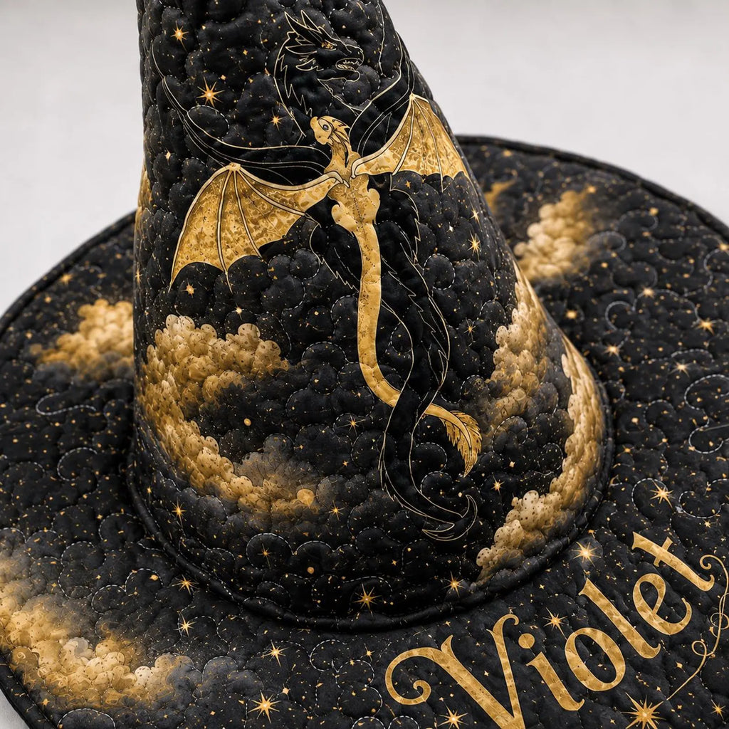 Personalized Witch Hat, Custom Name Halloween Hat, Quilted Wide Brim Witch Costume, Black Gothic Wizard Hat, Adult Halloween Accessory. QWHPETAL24