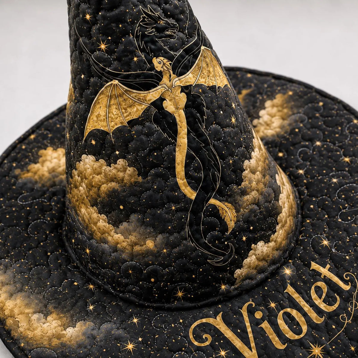 Personalized Witch Hat, Custom Name Halloween Hat, Quilted Wide Brim Witch Costume, Black Gothic Wizard Hat, Adult Halloween Accessory. QWHPETAL24