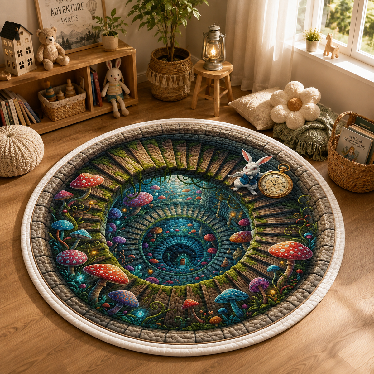 Whimsical White Rabbit 3D Hole Round Rug Alice Wonderland Spiral Stairs Illusion Floor Mat Kids Room Decor Birthday Gift Nursery Carpet. QRPETAL16