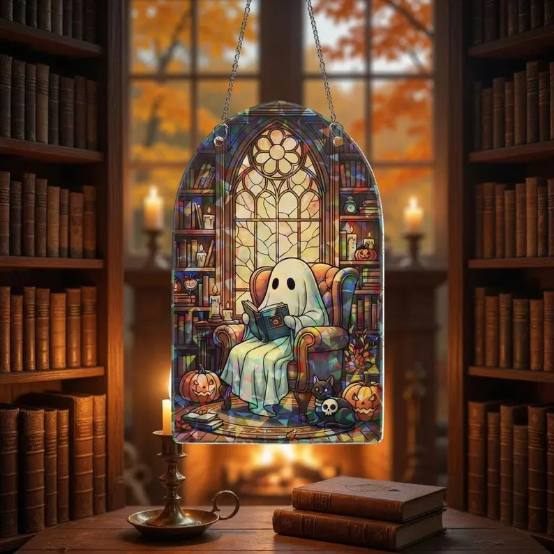 Halloween Ghost Hologram Acrylic Ornament: Gothic Window Hanging, Spooky Cute Decor, Autumn & Witchy Home Accent. HSPETAL13