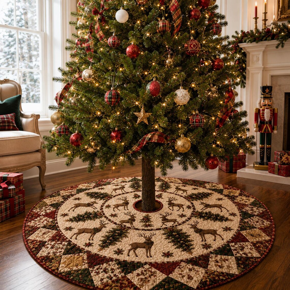 Reindeer Christmas Tree Skirt, Quilt Style Woodland Holiday Tree Mat, Deer and Pine Tree Decor, Rustic Farmhouse Christmas Decor. CTSPETAL01